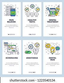 Vector set of mobile app onboarding screens. Pain reliever, Healthy teeth, Dental treatment, Scheduling, Anesthesia, Dental pain web templates and banners. Thin line art flat icons for website menu.