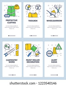 Vector set of mobile app onboarding screens. Protective clothes, Toolbox, Wheelbarrow, Carpentry work, Paint roller decoration, Alert signs web templates and banners. Thin line art flat icons for web.