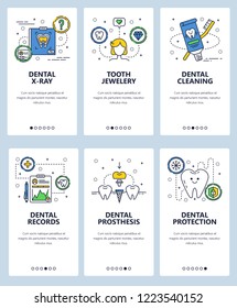 Vector set of mobile app onboarding screens. Dental x-ray, Tooth jewelery, Dental cleaning, records, prosthesis and protection web templates and banners. Thin line art flat icons for website menu.