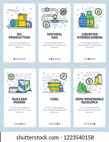 Vector set of mobile app onboarding screens. Oil production, Natural gas, Liquefied hydrocarbon, Nuclear power, Coal, Non-renewable resource web templates, banners. Thin line art flat icons for web.