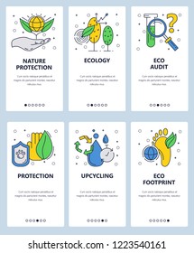 Vector set of mobile app onboarding screens. Nature protection, Ecology, Eco audit, Protection, Upcycling, Eco footprint web templates and banners. Thin line art flat icons for website menu.