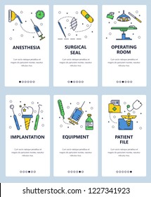 Vector set of mobile app onboarding screens. Anesthesia, Surgical seal, Operating room, Implantation, Equipment, Patient file web templates and banners. Thin line art flat icons for website menu.