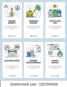 Vector set of mobile app onboarding screens. Water and biomass energy, Recycling bin, Accumulator, Energy development, Purify water web templates, banners. Thin line art flat icons for website menu.