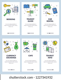 Vector set of mobile app onboarding screens. Booking, Tourist guide, Car rental, Currency exchange, Cafe, Tourist info web templates and banners. Thin line art flat icons for website menu.