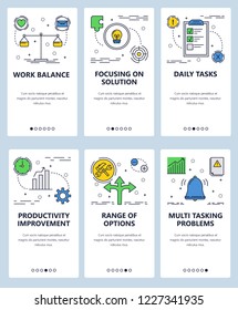 Vector set of mobile app onboarding screens. Work balance, Focusing on solution, Daily tasks, Productivity improvement, Range of options, Multitasking problems web templates. Thin line art flat icons.