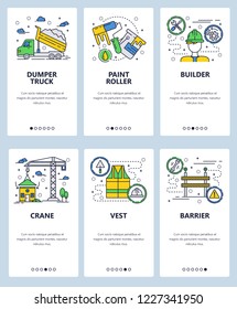 Vector set of mobile app onboarding screens. Dumper truck, Paint roller, Builder, Crane, Vest, Barrier web templates and banners. Thin line art flat icons for website menu.
