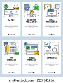 Vector set of mobile app onboarding screens. TV ads, Product promotion, Viral marketing, Fax and inbox messages, Statistics web templates and banners. Thin line art flat icons for website menu.