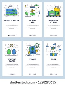Vector set of mobile app onboarding screens. Doubledecker, Travel app, Baggage claim, Waiting room, Stamp, Pilot web templates and banners. Thin line art flat icons for website menu.