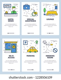 Vector set of mobile app onboarding screens. Hotel desk, Special assistance, Lounge, Wi-fi access, Parking, Smoking room web templates and banners. Thin line art flat icons for website menu.