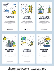 Vector set of mobile app onboarding screens. Vacation, Sea voyage, Railroads, Route, Flight, Bus travel web templates and banners. Thin line art flat icons for website menu.