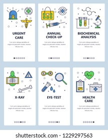 Vector set of mobile app onboarding screens. Urgent care, Annual check-up, Biochemical analysis, X-ray, Eye-test, Health care web templates and banners. Thin line art flat icons for website menu.