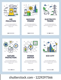 Vector set of mobile app onboarding screens. Air pollution, Nuclear power, Electricity tower, Nature protection, Power switch, Eco-city web templates banners. Thin line art flat icons for website menu