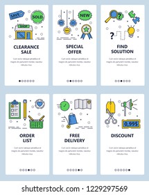 Vector set of mobile app onboarding screens. Clearance sale, Special offer, Find solution, Order list, Free delivery, Discount web templates and banners. Thin line art flat icons for website menu.