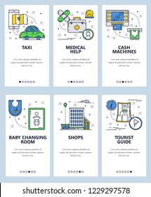 Vector set of mobile app onboarding screens. Taxi, Medical help, Cash machines, Baby changing room, Shops, Tourist guide web templates and banners. Thin line art flat icons for website menu.