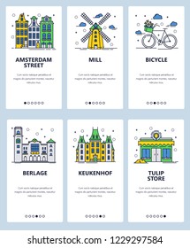Vector set of mobile app onboarding screens. Amsterdam street, Mill, Bicycle, Berlage, Keukenhof, Tulip store web templates and banners. Thin line art flat icons for website menu.