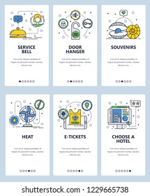 Vector set of mobile app onboarding screens. Service bell, Door hanger, Souvenirs, Heat, E-tickets, Choose a hotel web templates and banners. Thin line art flat icons for website menu.