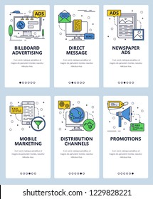 Vector set of mobile app onboarding screens. Billboard advertising, Direct message, Newspaper ads, Mobile marketing, Distribution channels, Promotions web templates, banners. Thin line art flat icons.