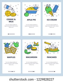 Vector set of mobile app onboarding screens. Cookie and milk, Apple pie, Ice cream, Waffles, Macaroon, Pancakes web templates and banners. Thin line art flat icons for website menu.