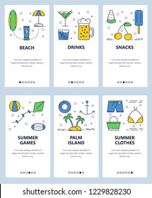 Vector set of mobile app onboarding screens. Beach, Drinks, Snacks, Summer games, Palm island, Summer clothes web templates and banners. Thin line art flat icons for website menu.