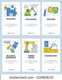 Vector set of mobile app onboarding screens. Building, Excavator, Welding, Building materials, Tower crane, Foundation web templates and banners. Thin line art flat icons for website menu.