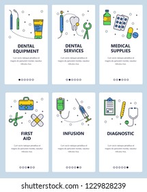 Vector set of mobile app onboarding screens. Dental equipment and services, Medical supplies, First aid, Infusion, Diagnostic web templates and banners. Thin line art flat icons for website menu.