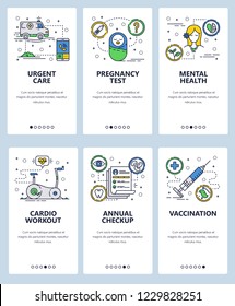 Vector set of mobile app onboarding screens. Urgent care, Pregnancy test, Mental health, Cardio workout, Annual checkup, Vaccination web templates, banners. Thin line art flat icons for website menu.