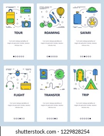 Vector set of mobile app onboarding screens. Tour, Roaming, Safari, Flight, Transfer, Trip web templates and banners. Thin line art flat icons for website menu.