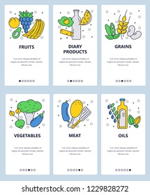 Vector set of mobile app onboarding screens. Fruits, Dairy products, Grains, Vegetables, Meat, Oils web templates and banners. Thin line art flat icons for website menu.