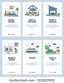 Vector set of mobile app onboarding screens. Hotel room, Rent a car, cottage and garage, Book a room, Cruise web templates and banners. Thin line art flat icons for website menu.