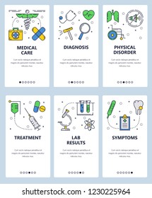 Vector set of mobile app onboarding screens. Medical care, Diagnosis, Physical disorder, Treatment, Lab results, Symptoms web templates and banners. Thin line art flat icons for website menu.
