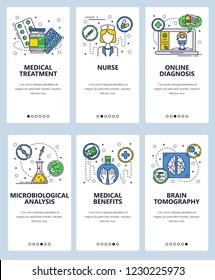 Vector set of mobile app onboarding screens. Medical treatment and benefits, Nurse, Online diagnosis, Microbiological analysis, Brain tomography web templates banners. Thin line art flat icons for web