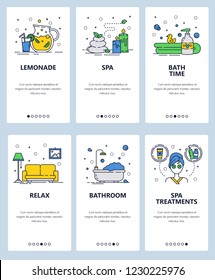 Vector set of mobile app onboarding screens. Lemonade, Spa, Bath time, Relax, Bathroom, Spa treatments web templates and banners. Thin line art flat icons for website menu.