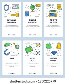 Vector set of mobile app onboarding screens. Payment security, Online payment, Add to basket, Sale, Best buy, Special offer web templates and banners. Thin line art flat icons for website menu.