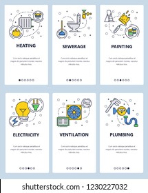 Vector set of mobile app onboarding screens. Heating, Sewerage, Painting, Electricity, Ventilation, Plumbing web templates and banners. Thin line art flat icons for website menu.