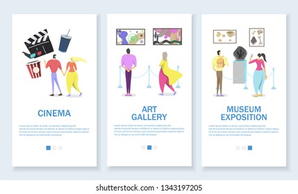 Vector set of mobile app onboarding screens. Cinema, Art gallery and Museum exposition website design templates and web banners. Leisure time and cultural activities concepts.