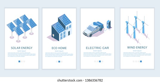 Vector set of mobile app onboarding screens. Solar panels, wind turbines, green eco house and electric car isometric icons. Green innovations, alternative energy sources web templates, banners.