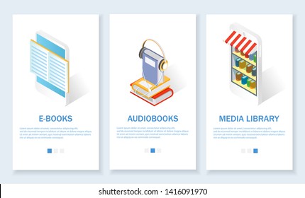 Vector set of mobile app onboarding screens. E-books, audiobooks, media library website design templates and web banners. Digital books landing page website template.