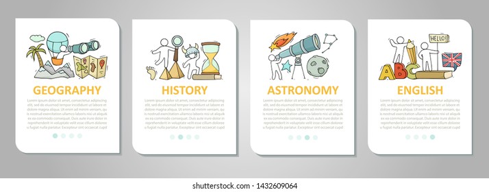 Vector set of mobile app onboarding screens about education. Cartoon cards for school design. Science templates with space for text - geography, history, astronomy, english.