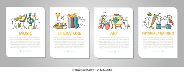 Vector set of mobile app onboarding screens about education. Cartoon cards for school design. Science templates with space for text - music, literature, art, physical training.