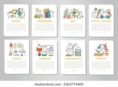 Vector set of mobile app onboarding screens about education. Cartoon cards for school design. Science templates with space for text - music, literature, art, physical training.