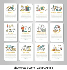 Vector set of mobile app onboarding screens about education. Cartoon cards for school design. Science templates with space for text - music, literature, art, physical training.