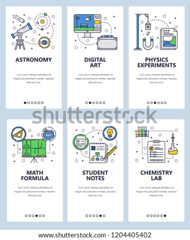 Vector set of mobile app onboarding screens. Astronomy, Digital art, Physics experiments, Math formula, Student notes, Chemistry lab web templates, banners. Thin line art flat icons for website menu.