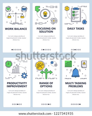 Vector set of mobile app onboarding screens. Work balance, Focusing on solution, Daily tasks, Productivity improvement, Range of options, Multitasking problems web templates. Thin line art flat icons.