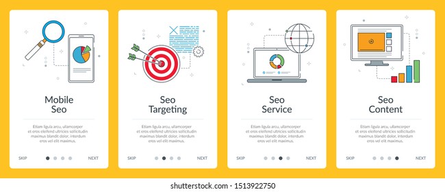 Vector set of for mobile apps of Search Engine Optimization. Vertical banners with mobile SEO, SEO targeting, SEO service and SEO content website templates. Modern thin line flat style design icons.