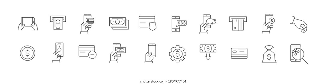 Vector set of mobile commerce thin line icons. Design of 20 stroke pictograms. Mobile commerce signs isolated on a white background.