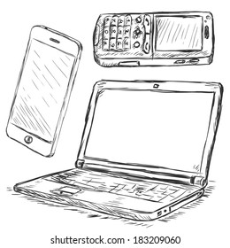 Vector Set of Mobile Digital Devices: smartphone, mobile phone, laptop
