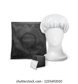 Vector. Set Mock Up. White waterproof shower cap in transparent package with small box and shower cap on the manekenium head.