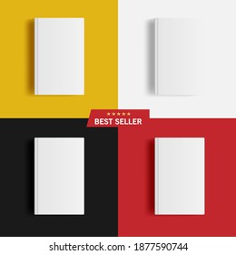 Vector Set Mockup Of Blank Hardcover Books On Yellow, White, Black And Red Background. Best Seller Text And Five Pointed Stars. Template And Graphic Resources For Your Design. Illustration EPS10