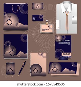 Vector set of mockups for corporate identity, POS materials , identity in dark blue and peach gradient, abstract outline of a precious stone
