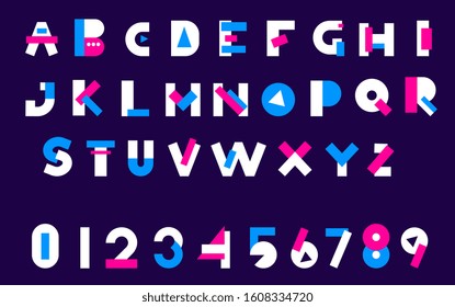 Vector set of modern abstract color sans serif alphabet with number on dark background. Flat style design of vector illustration of capital alphabet. Uppercase letter font typography